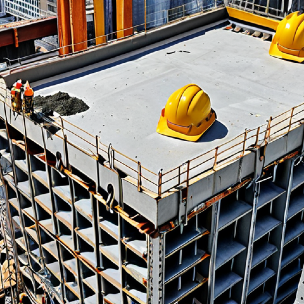 Modern skyscraper construction site with visible steel and concrete, adhering to ISO and ASTM standards, showcasing safety and quality.