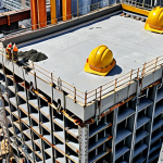 Modern skyscraper construction site with visible steel and concrete, adhering to ISO and ASTM standards, showcasing safety and quality.