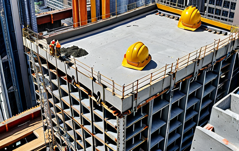 Modern skyscraper construction site with visible steel and concrete, adhering to ISO and ASTM standards, showcasing safety and quality.