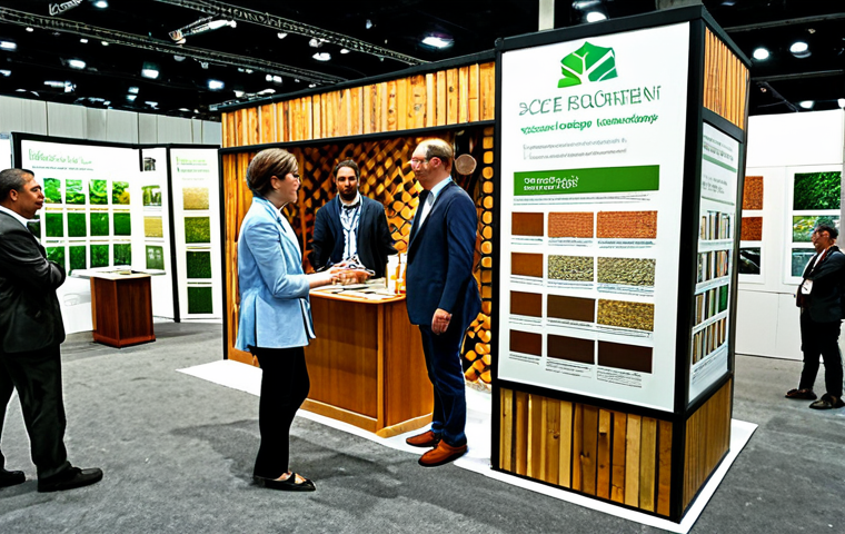 Sustainable Building Materials Fair Booth**
"A brightly lit trade show booth showcasing eco-friendly building materials. A diverse group of attendees, fully clothed in professional attire, are engaging with displays of sustainable wood, recycled bricks, and low-VOC paints. The booth features informative posters about energy efficiency and carbon footprint reduction. Professional photography, clean composition, perfect anatomy of people, well-formed hands, safe for work, appropriate content, family-friendly, fully clothed, professional."
**