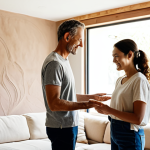 **Image:** A bright, modern living room featuring a wall finished with natural clay plaster (황토). Sunlight streams in through energy-efficient windows. Focus on the texture of the wall and the warm, inviting atmosphere. A fully clothed family enjoys the space. Safe for work, appropriate content, fully clothed, modest, family-friendly. Perfect anatomy, correct proportions, natural pose, well-formed hands, proper finger count, natural body proportions.
