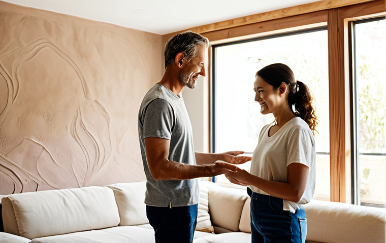 **Image:** A bright, modern living room featuring a wall finished with natural clay plaster (황토). Sunlight streams in through energy-efficient windows. Focus on the texture of the wall and the warm, inviting atmosphere. A fully clothed family enjoys the space. Safe for work, appropriate content, fully clothed, modest, family-friendly. Perfect anatomy, correct proportions, natural pose, well-formed hands, proper finger count, natural body proportions.
