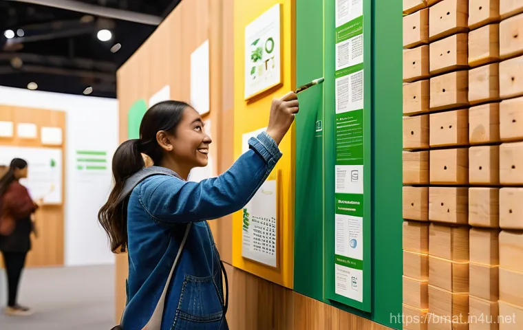 건축자재 박람회 참여 전략 - **Eco-Friendly Building Materials Exhibition Booth**: A bright, inviting exhibition booth at a bustl...