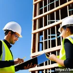 건축자재 시장 변화와 마케팅 대응법 - A modern, eco-friendly building construction site featuring workers installing sustainable, non-toxi...