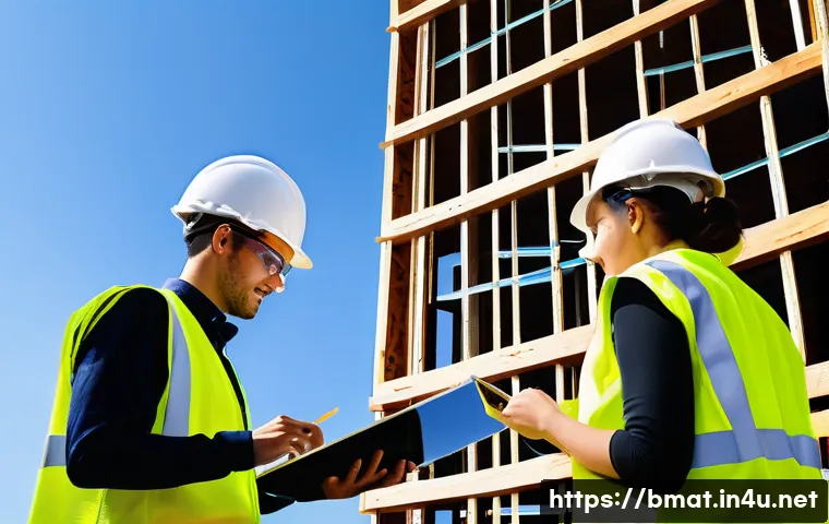 건축자재 시장 변화와 마케팅 대응법 - A modern, eco-friendly building construction site featuring workers installing sustainable, non-toxi...