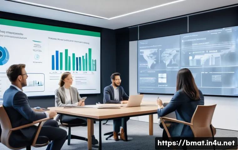 건축자재 B2B 마케팅 팁 - A modern B2B meeting scene in a sleek, well-lit conference room where diverse business professionals...
