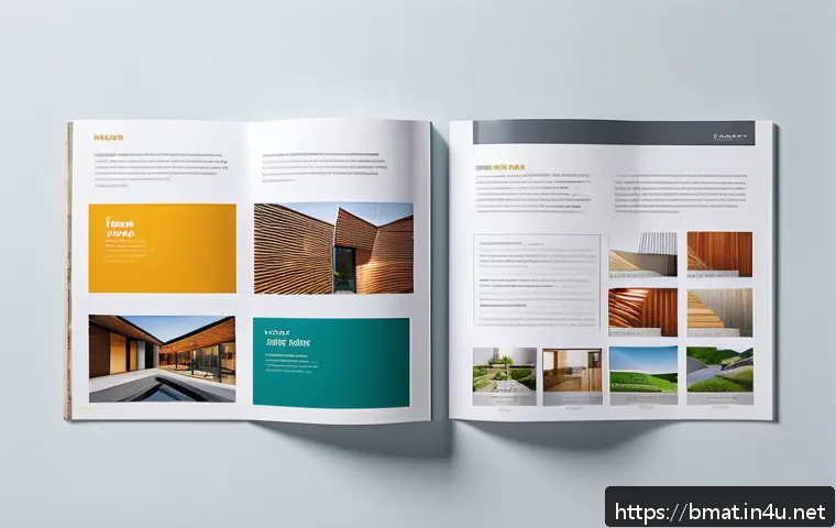 건축자재 카탈로그 제작 가이드 - A professional architectural materials catalog layout showing a clean, modern design with a cohesive...