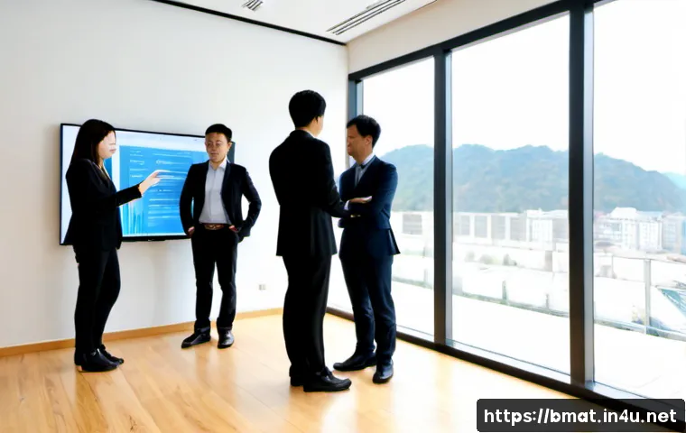 건축자재 마케팅에서 데이터 분석 활용 - Photorealistic modern building materials showroom marketing team reviewing sales and customer data o...