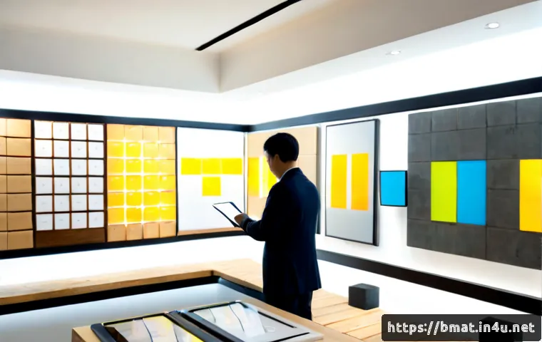 건축자재 마케팅과 제품 인증 제도 - Photorealistic architectural materials marketing scene, clean modern showroom table displaying unlab...