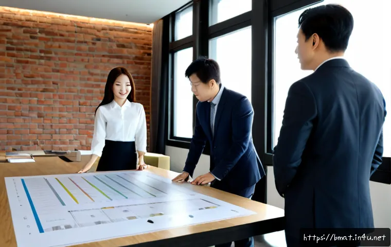 건축자재 마케팅의 KPI 설정 방법 - Photorealistic architectural materials marketing strategy meeting, diverse business team gathered ar...
